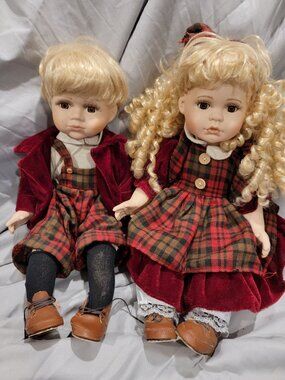 Vintage Blonde Porcelain Doll Pair In Red Velvet & Plaid Outfits With Button Det